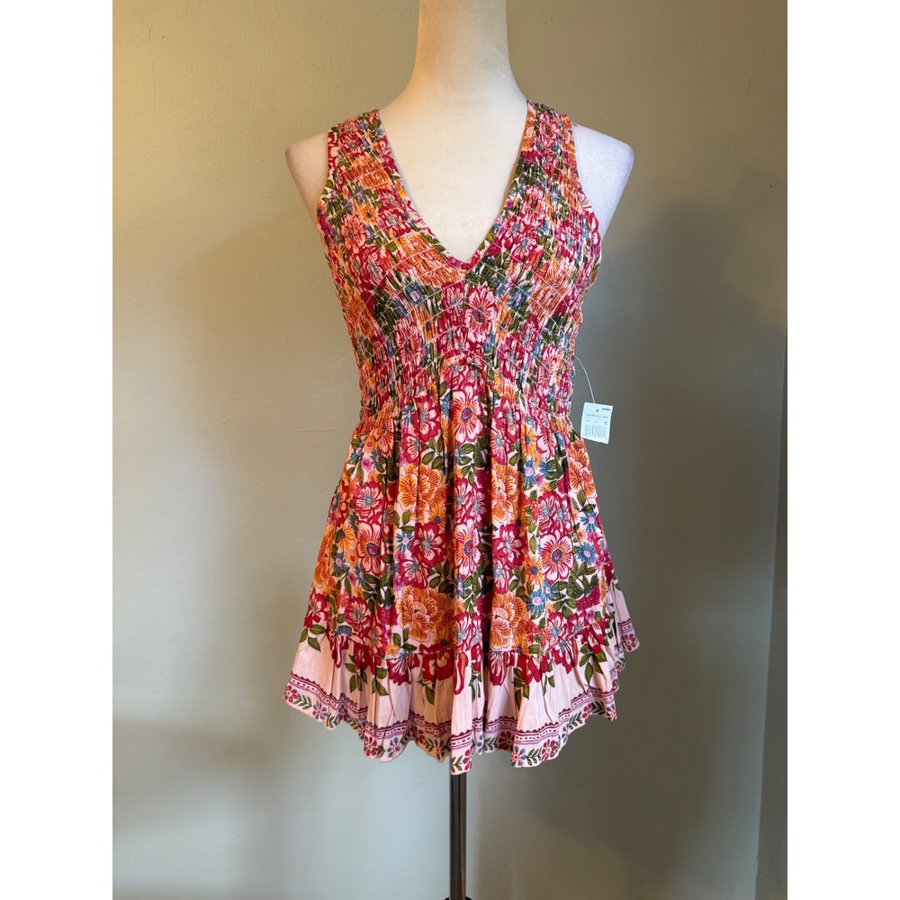 Angie Pink Floral Smocked Babydoll Tank Top Sleeveless Ruffle Small boho whimsi